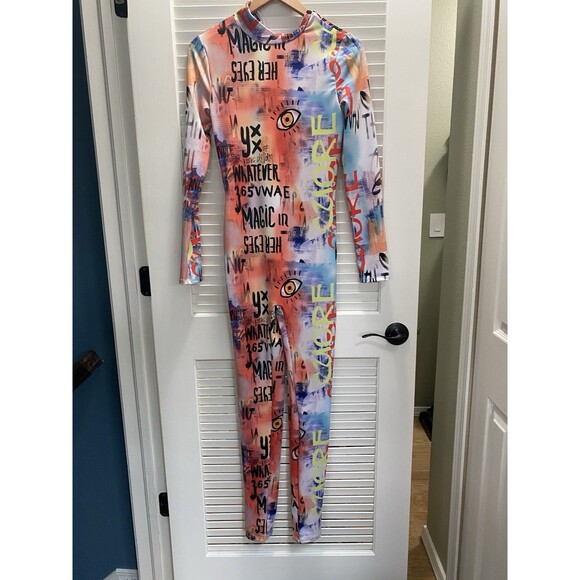 Fashion Nova Pants - Fashion Nova Graffiti Print Mock Neck Jumpsuit Long Sleeve Multi-Color Bodycon L